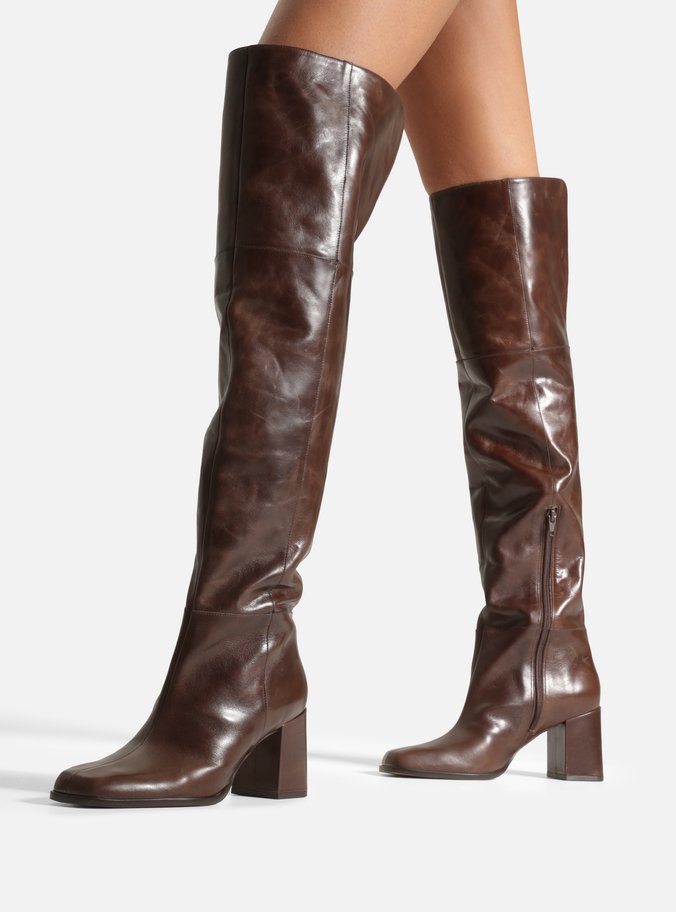 Bota Over The Knee Marrom Couro Salto Bloco Recorte