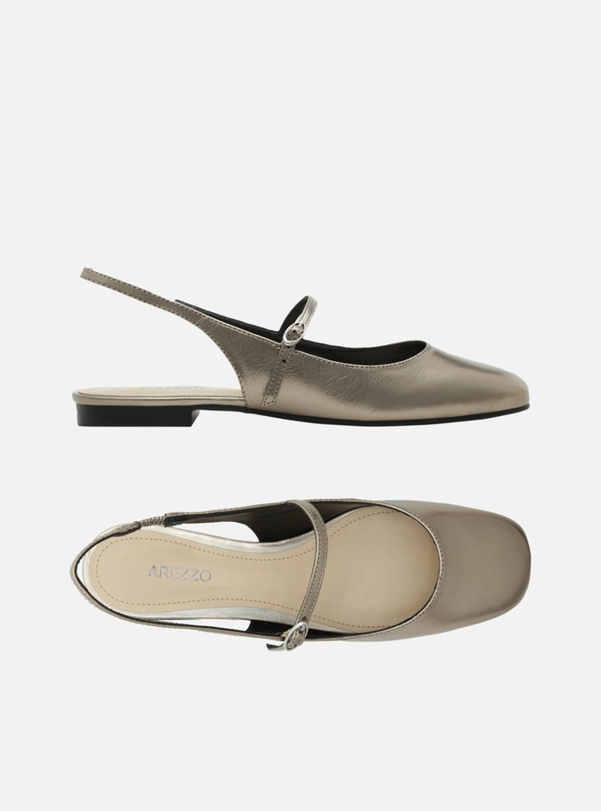 Sapatilha Boneca Dourada Couro Tira Slingback