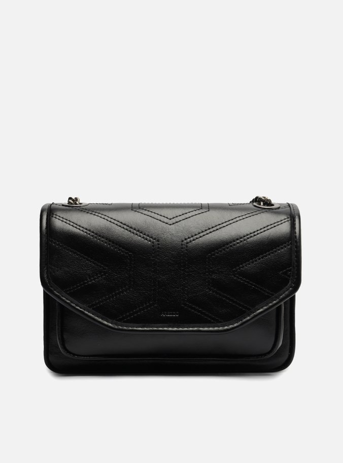 Bolsa Tiracolo Preta Couro Costuras Corrente