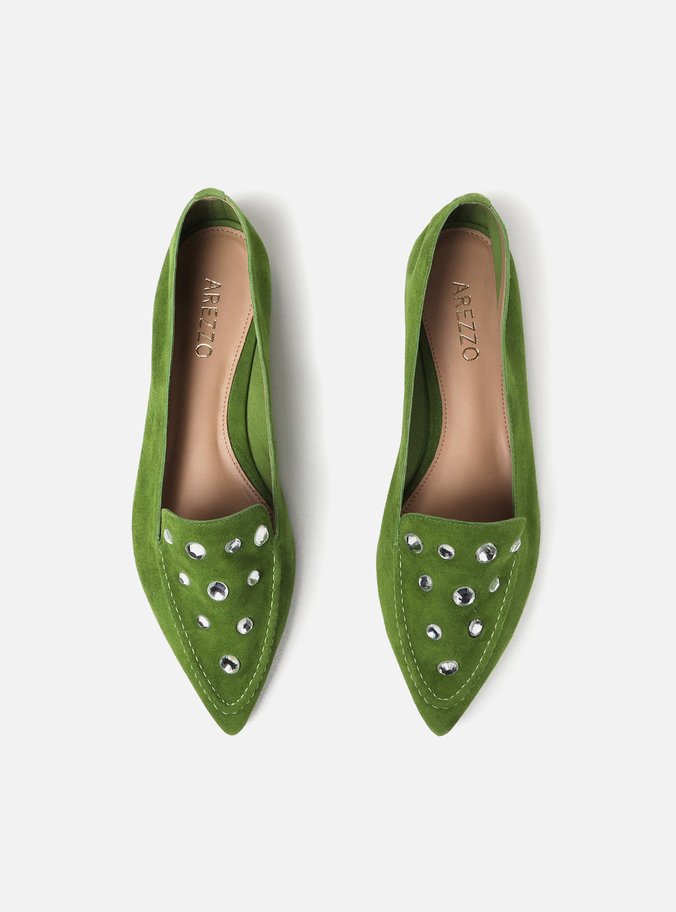 Mocassim Verde Couro Salto Rasteiro Strass