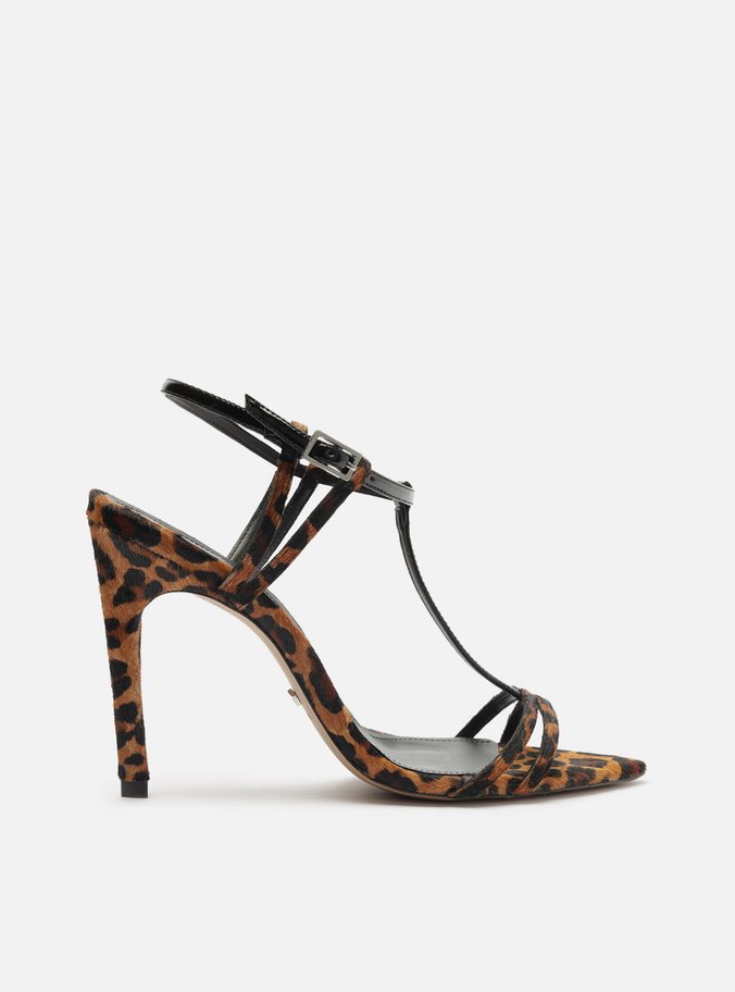 Sandália Animal Print Salto Fino Bico Folha
