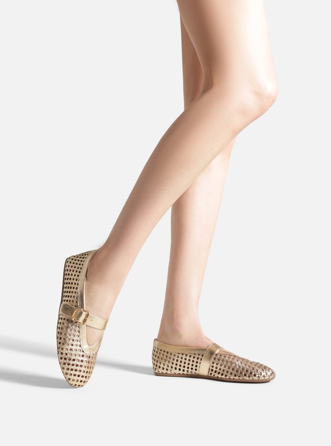 Sapatilha Dourada Couro Vazada Tira