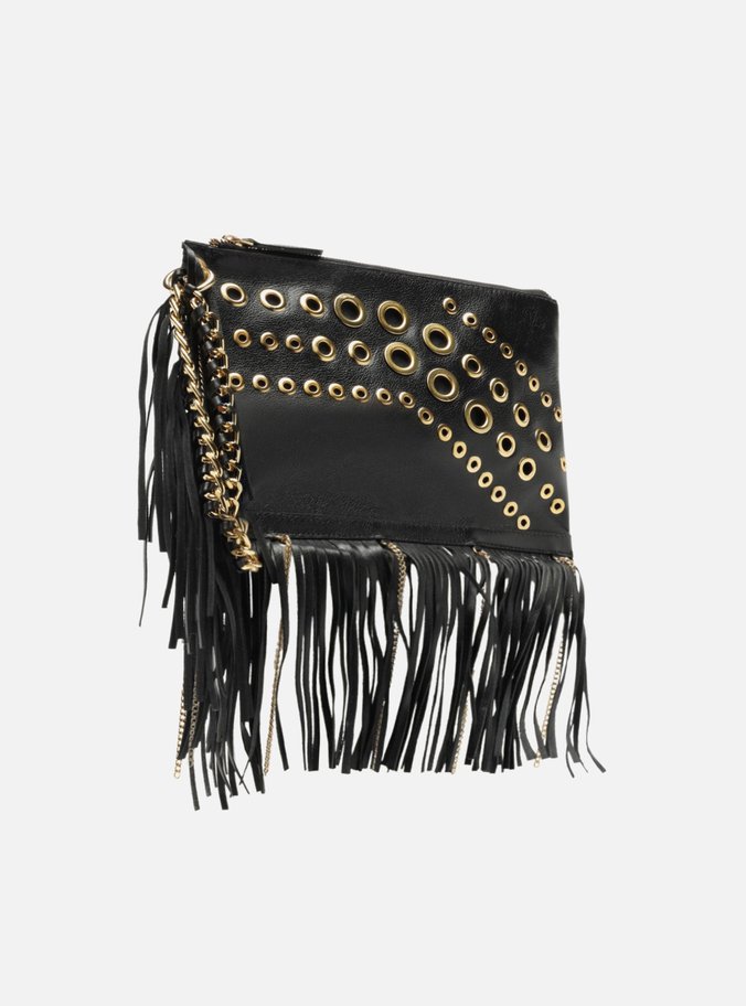 Clutch Preta Couro Média Franjas Ilhoses