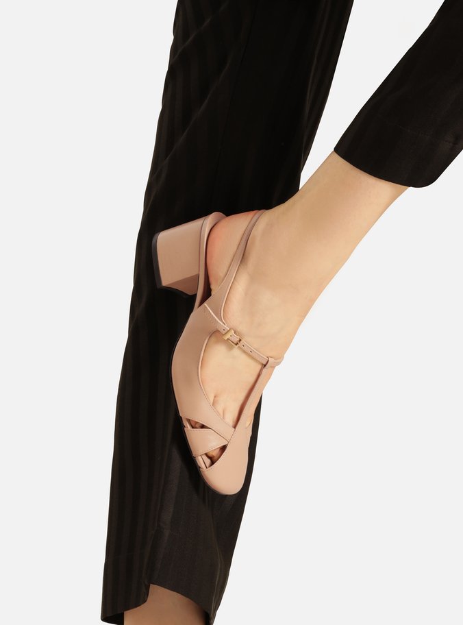 Sapato Boneca Bege Couro Slingback Recortes