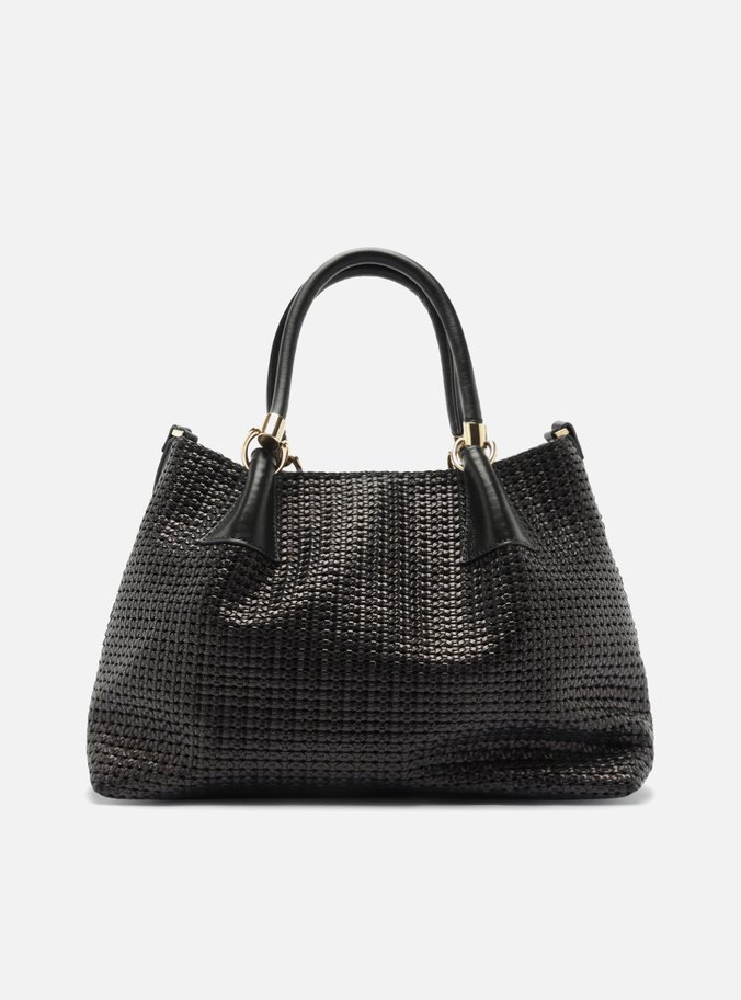 Bolsa Tote Preta Couro Tramada Grande