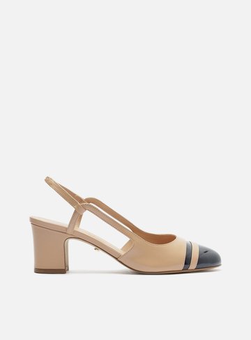 Scarpin Bege Couro Bloco Cap Toe Marinho