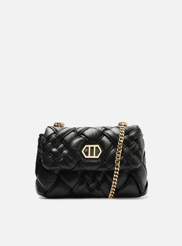Bolsa Tiracolo Preta Couro Tressê Média
