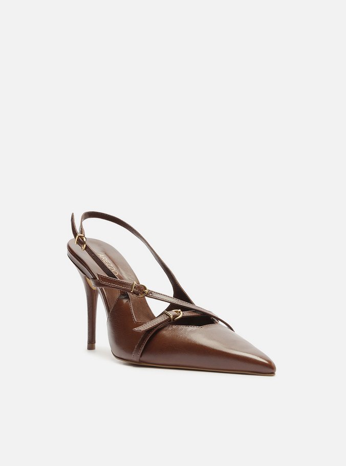 Scarpin Marrom Couro Salto Alto Slingback Amélia