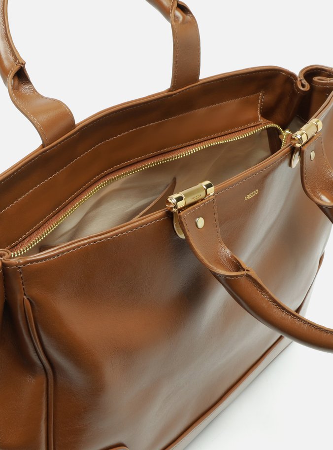 Bolsa Tote Marrom Couro Natural Grande Metais