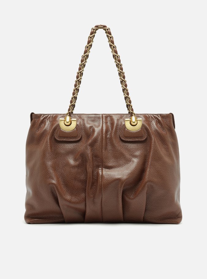 Bolsa Shopping Marrom Couro Grande Franzida