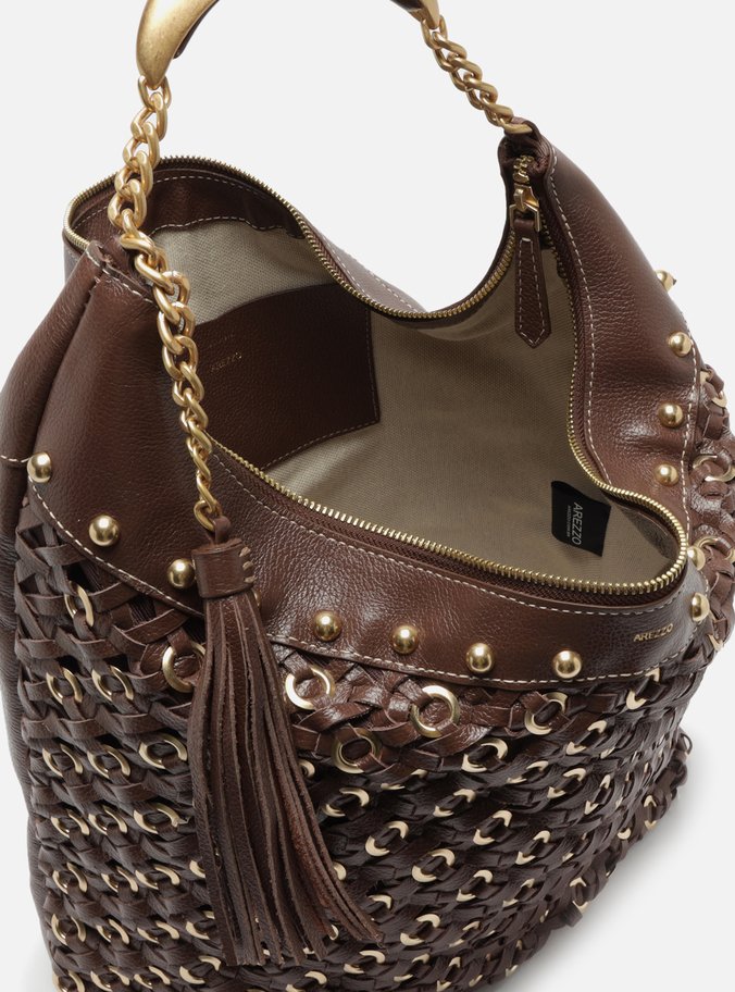 Bolsa Hobo Marrom Couro Tressê Metais Grande