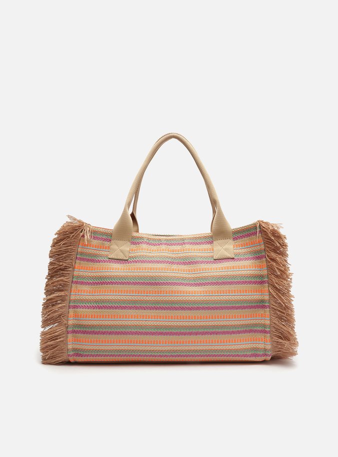 Bolsa Shopping Bege Tecido Listrado Grande