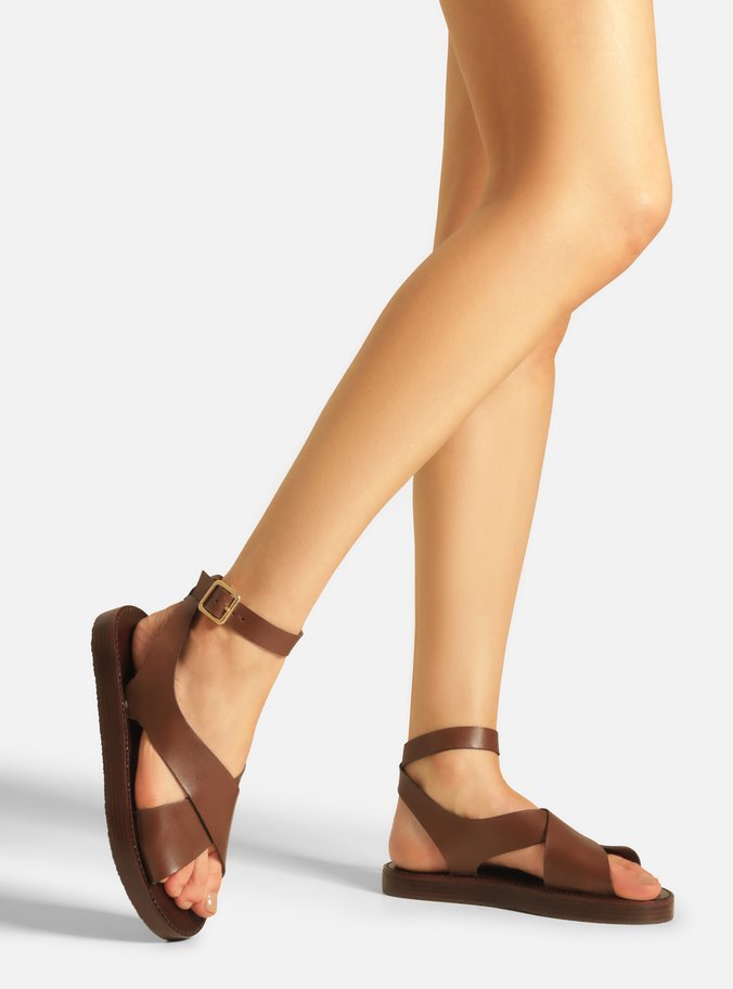 Sandália Marrom Couro Flatform Tiras Largas