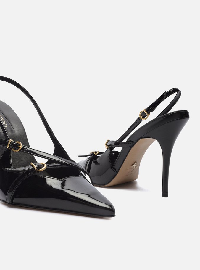 Scarpin Preto Verniz Salto Alto Slingback Amélia