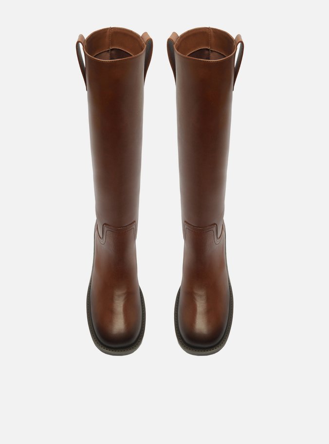 Bota Marrom Couro Cano Longo Salto Bloco Tiras