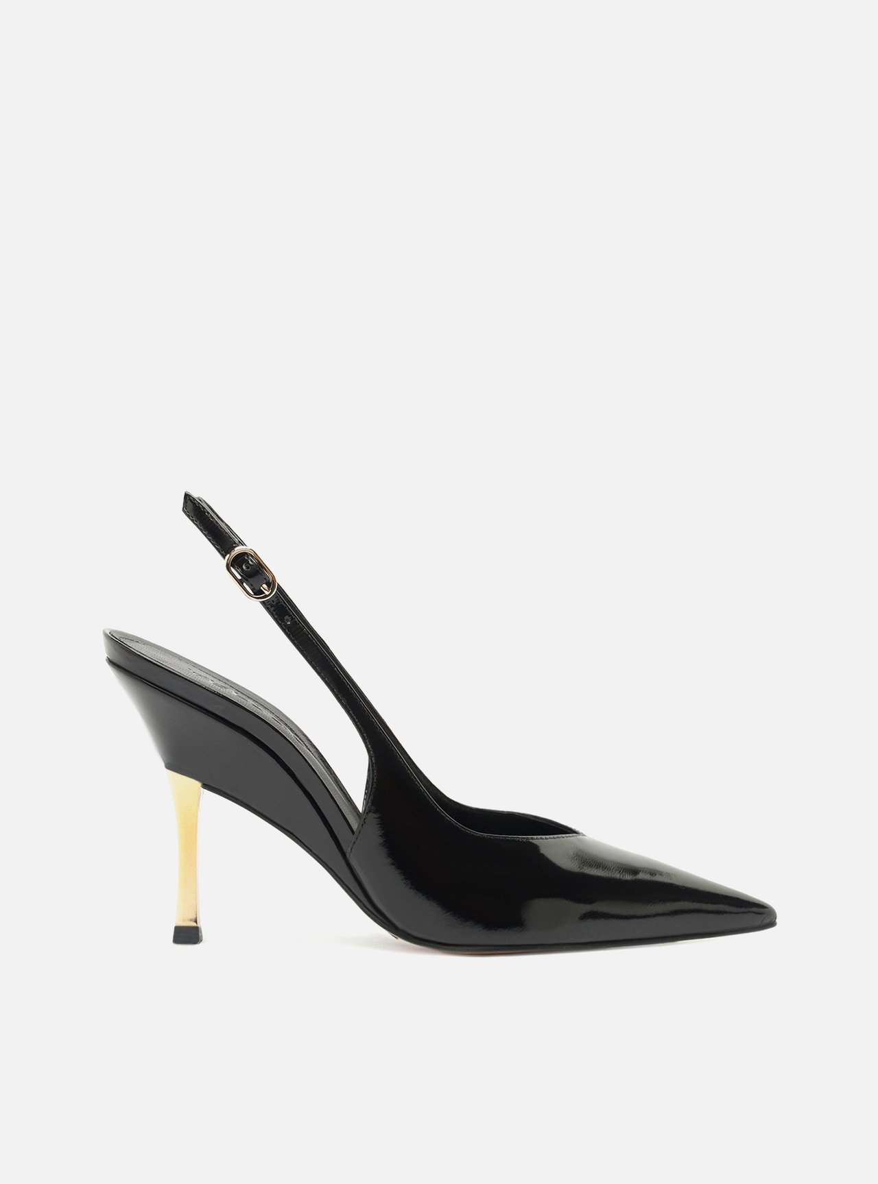Scarpin Preto Couro Slingback Salto Alto Dourado — foto 1