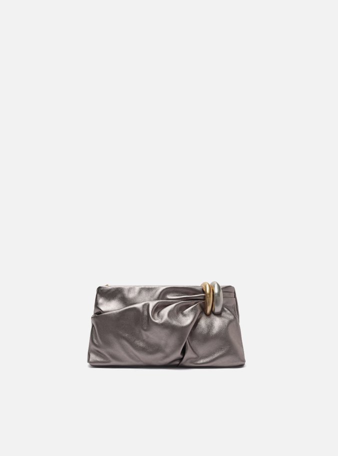 Bolsa Clutch Prateada Couro Média Soft Metais