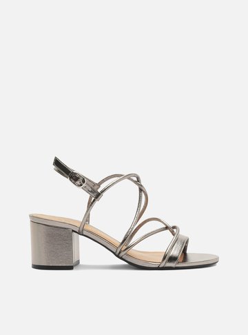 Sandália Prata Salto Médio Bloco Tiras Enlace