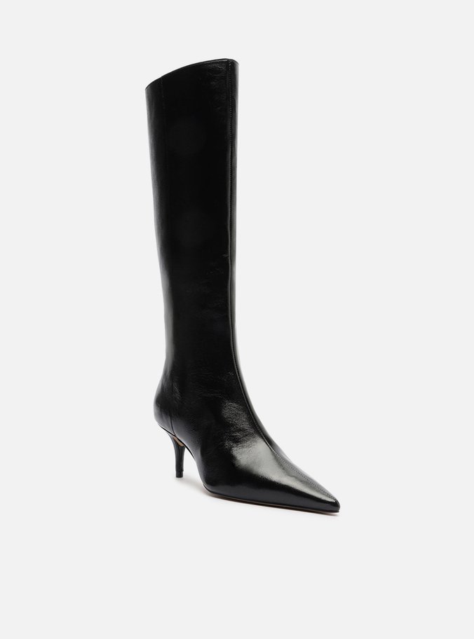 Bota Preta Couro Cano Longo Salto Kitten