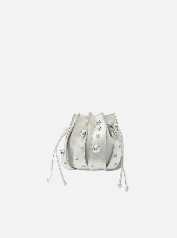 Bolsa Bucket Prateada Couro Pequena Esferas