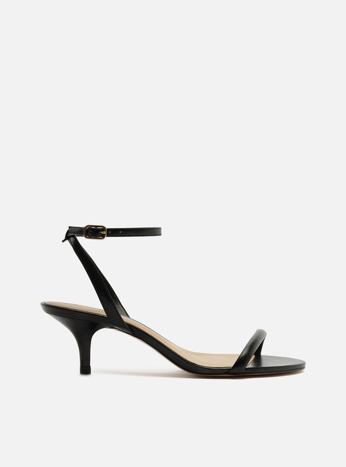 Sandália Preta Couro Salto Baixo Fino Tiras Minimal