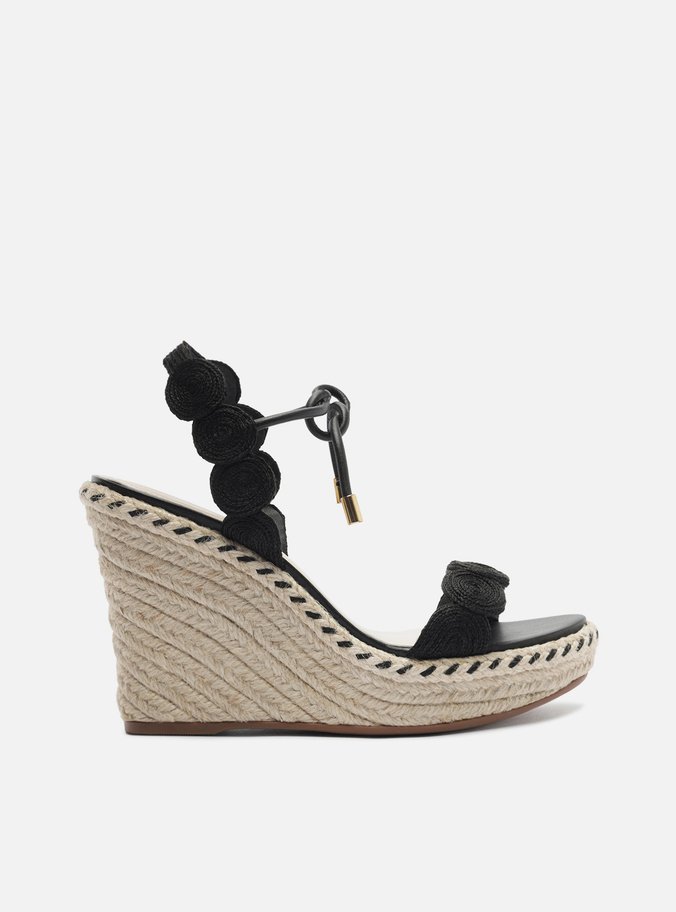 Espadrille Preta Palha Salto Anabela Amarração Bordada