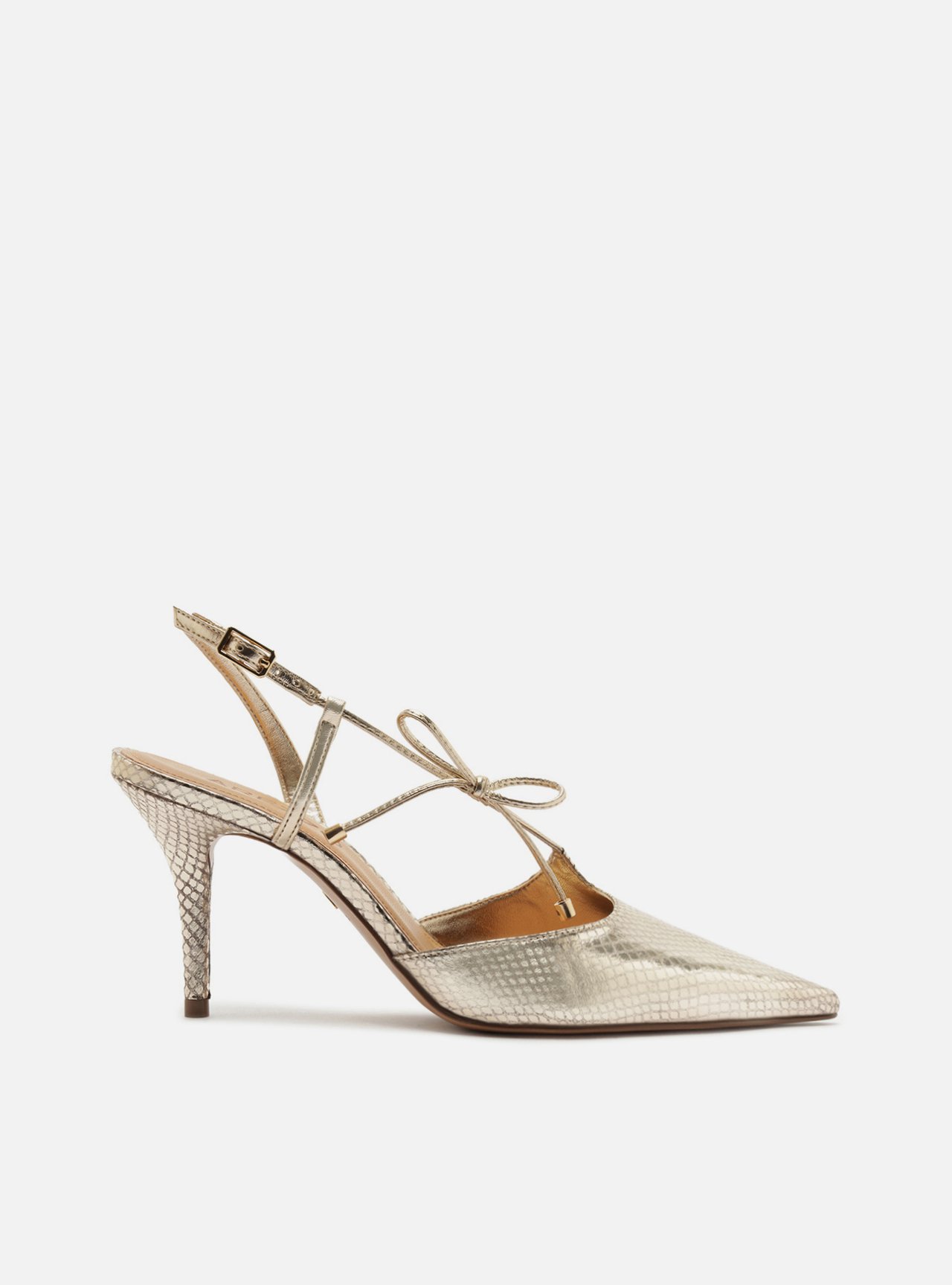 Scarpin Dourado Couro Slingback Salto Fino Lacinho — foto 1