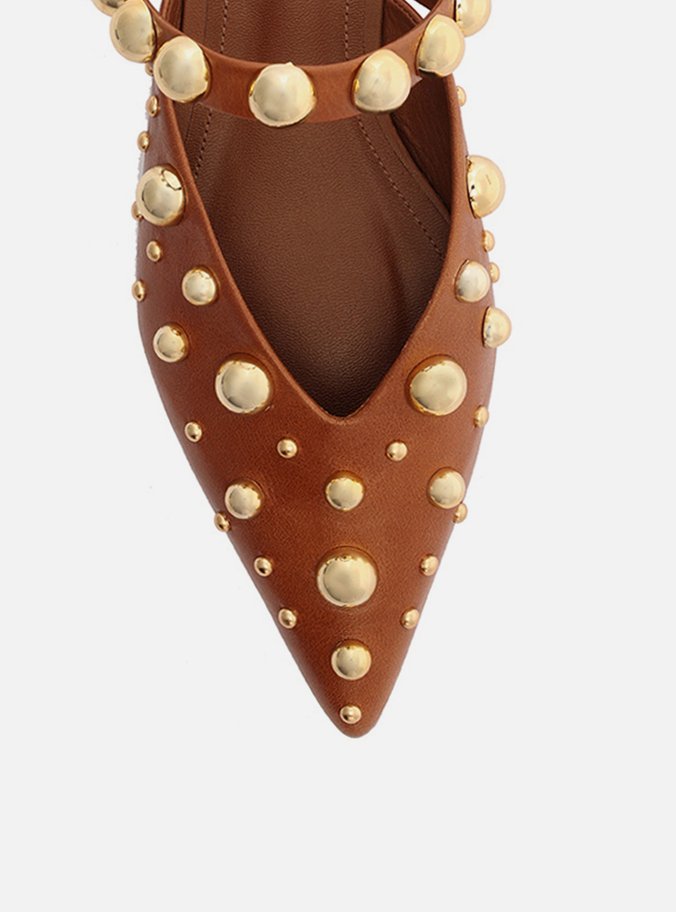 Mule Marrom Couro Bico Fino Studs