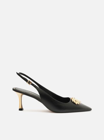 Scarpin Preto Couro Bico Quadrado Slingback Flor