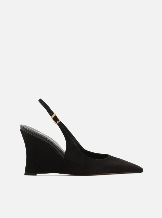 Scarpin Preto Acamurçado Slingback Salto Anabela