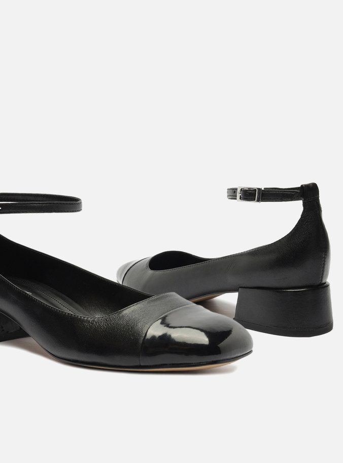 Sapato Boneca Preto Couro Bico Quadrado Cap Toe