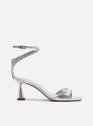 Sandália Prata Couro Salto Baixo Taça Tiras