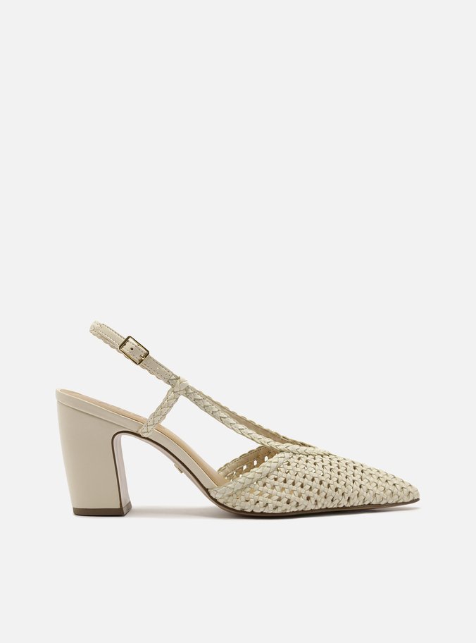 Scarpin Off White Trançado Salto Médio Bloco Slingback