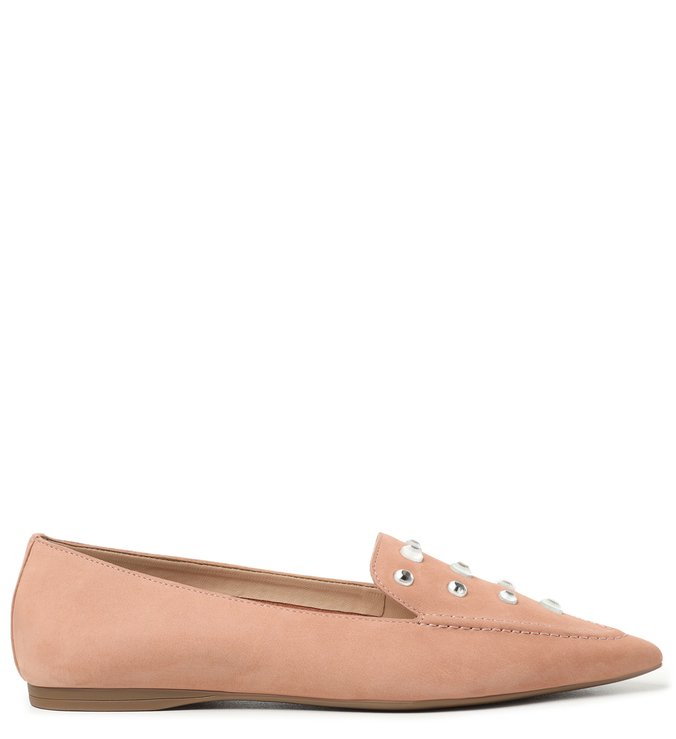 Mocassim Nude Couro Salto Rasteiro Strass