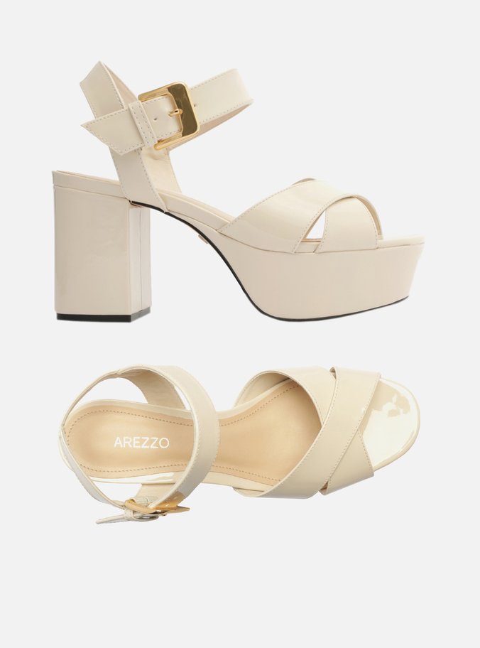 Sandália Off-White Verniz Salto Bloco Tiras Grace