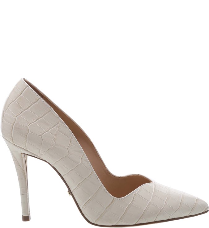 Scarpin Couro Croco Salto Alto Fino Curvas Porcelana