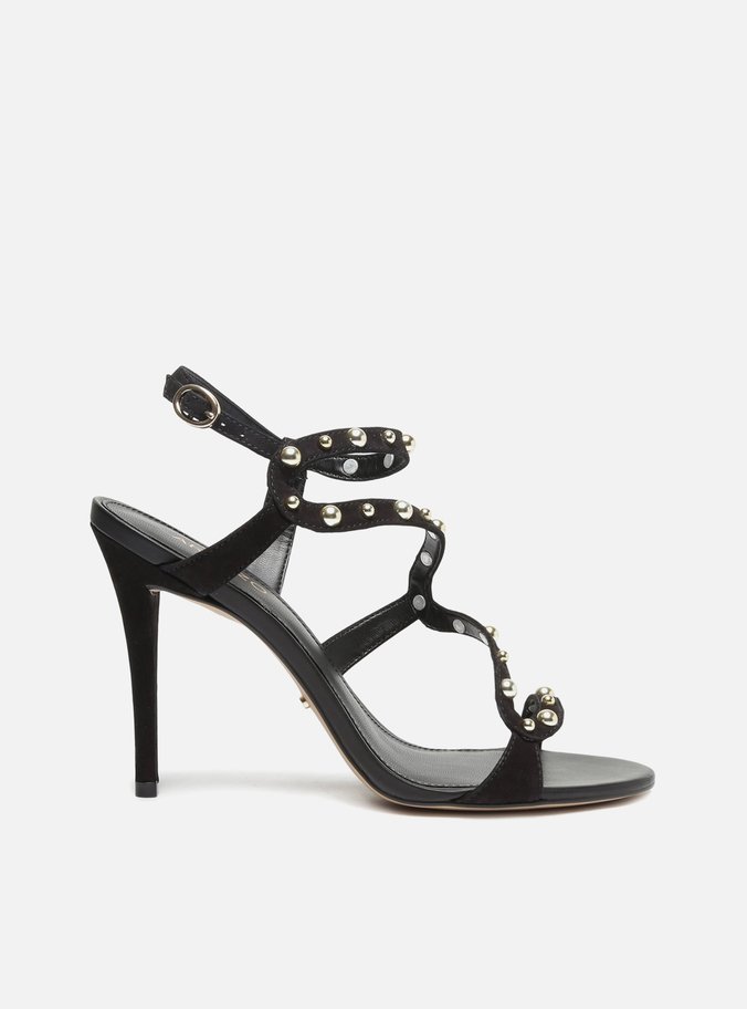 Sandália Preta Nobuck Salto Fino Studs