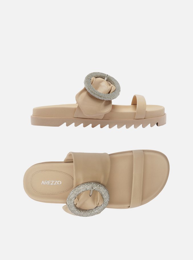 Sandália Nude Couro Flatform Fivela Cristais