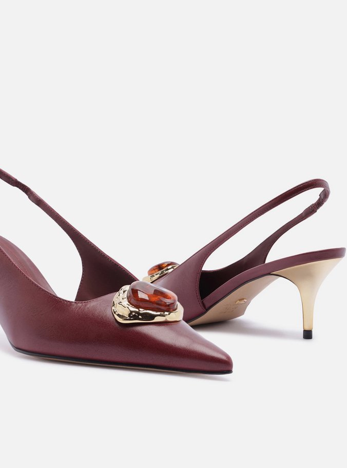 Scarpin Vinho Couro Salto Baixo Slingback Pedraria