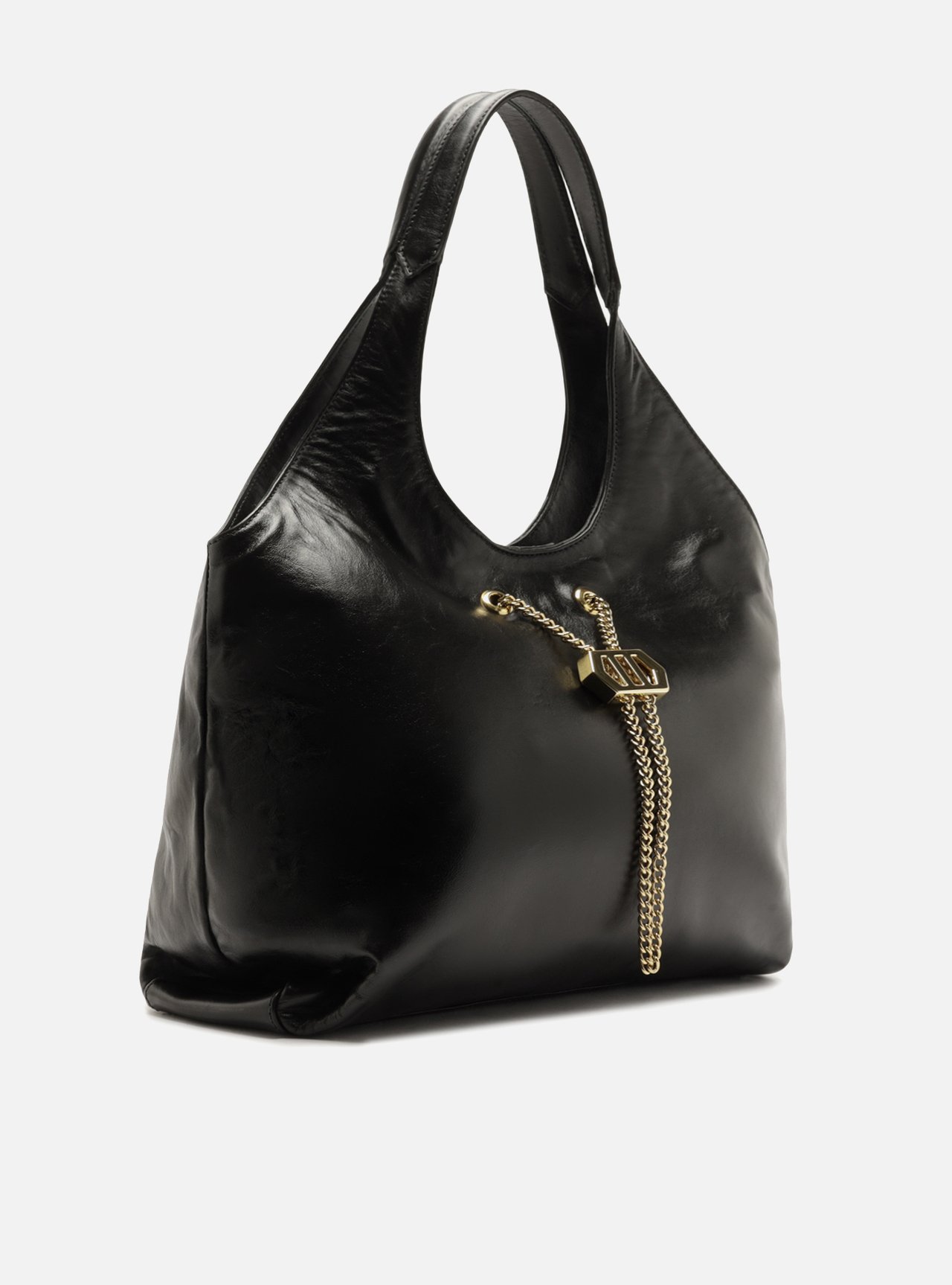 Bolsa Hobo Preta Couro Grande Corrente Dourada — foto 5