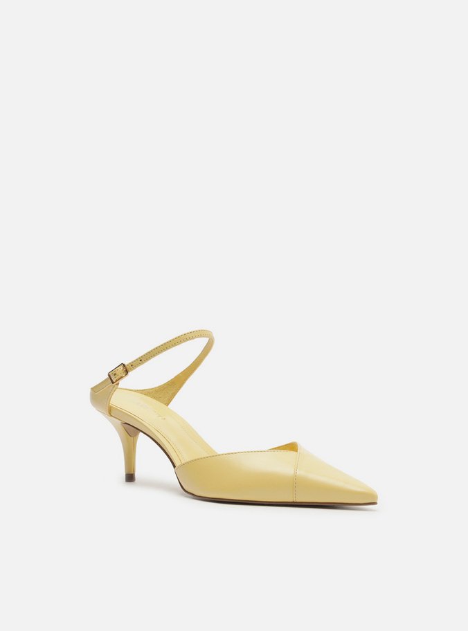Mule Amarela Couro Salto Kitten Tira Instep