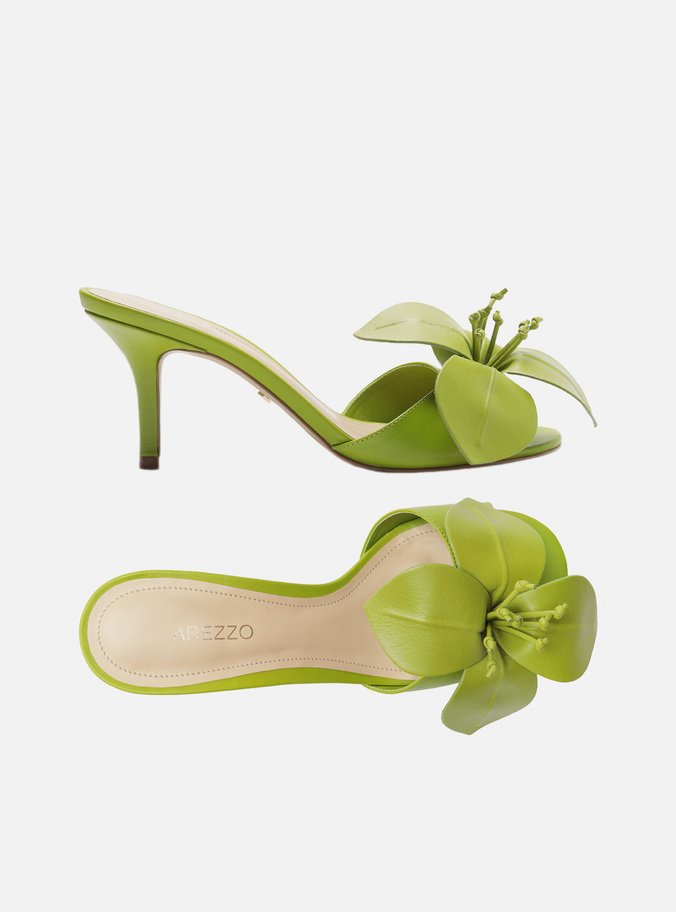 Mule Verde Couro Salto Fino Fiori