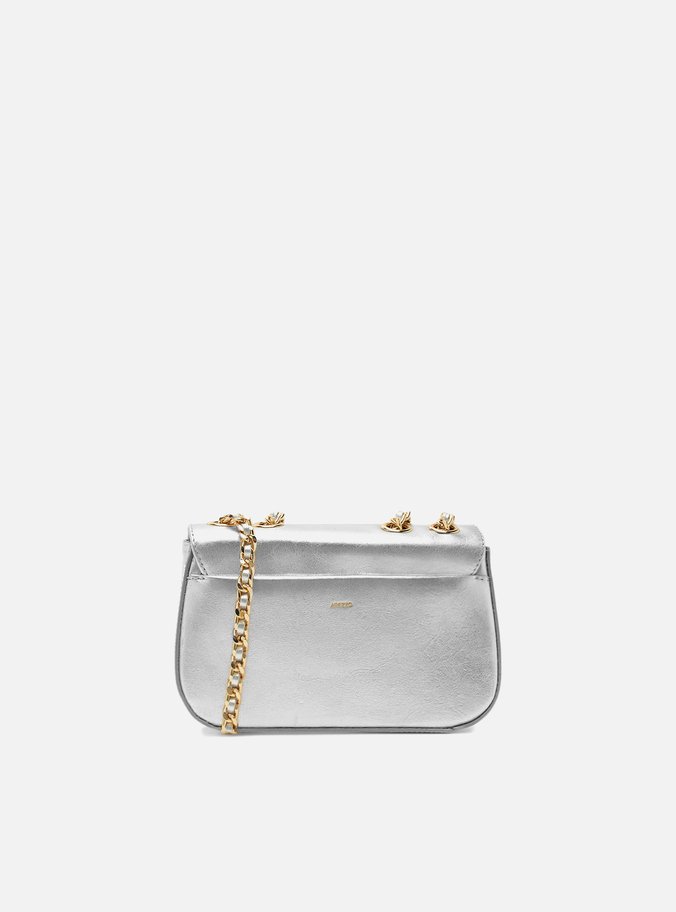 Bolsa Tiracolo Prata Couro Pequena Metal Flor