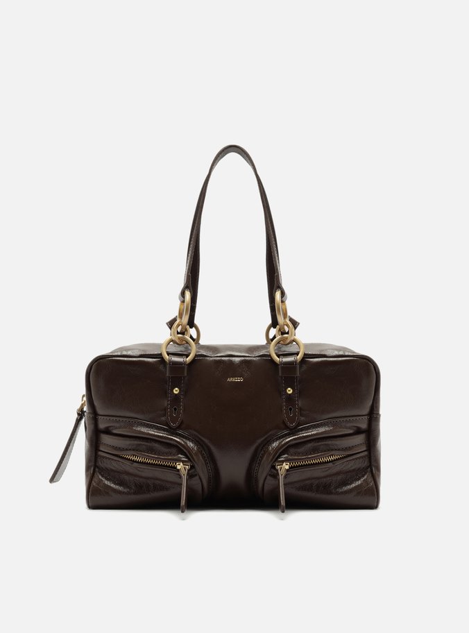 Bolsa Bowling Marrom Couro Verniz Média Bolsos