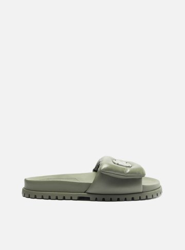 Slide Verde Militar Couro Tratorado Puffer