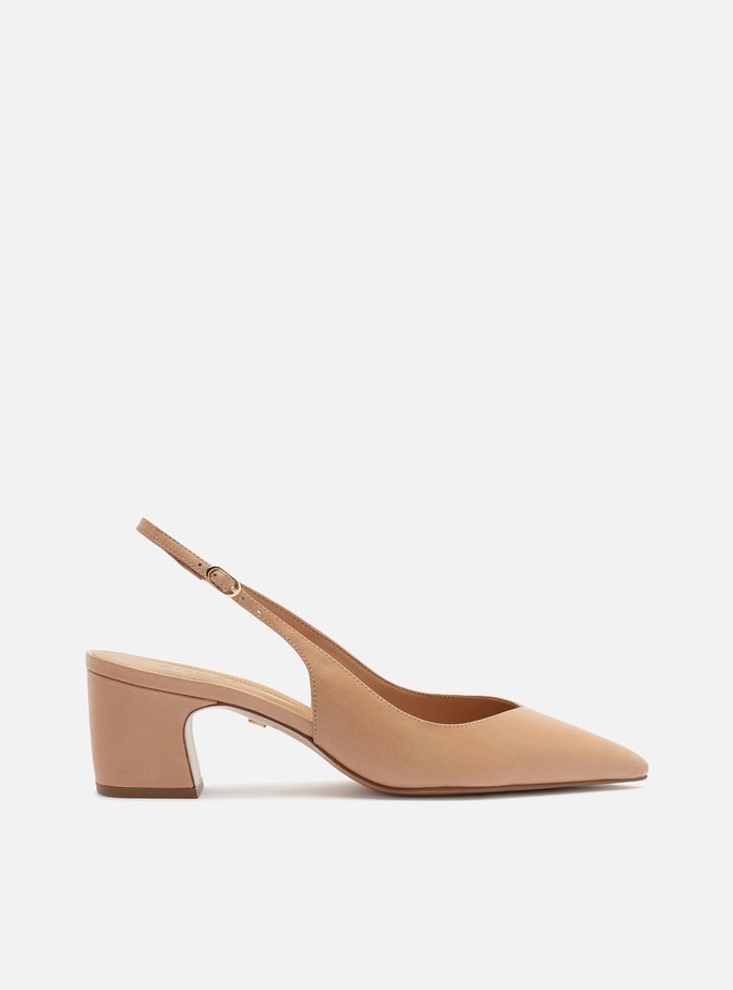 Scarpin Nude Couro Salto Bloco Slingback