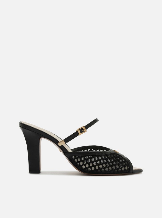 Mule Preta Salto Bloco Alto Peep Toe