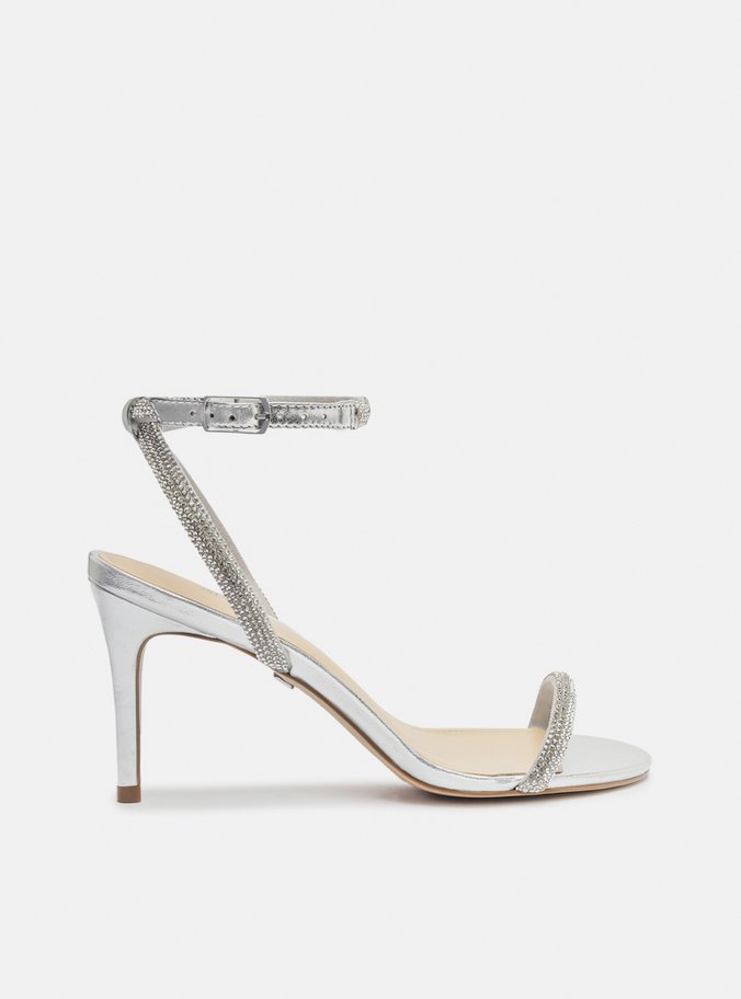 Sandália Prateada Strass Salto Fino Minimal