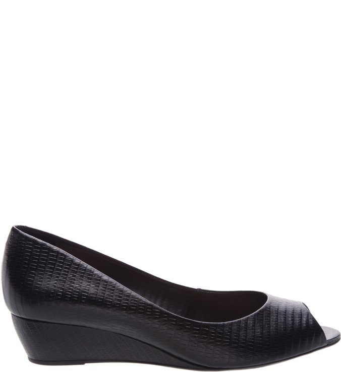 Peep Toe Couro Anabela Croco Preta