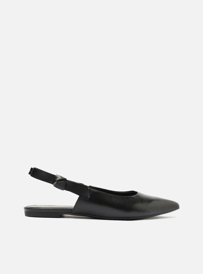 Sapatilha Preta Couro Slingback Bico Fino